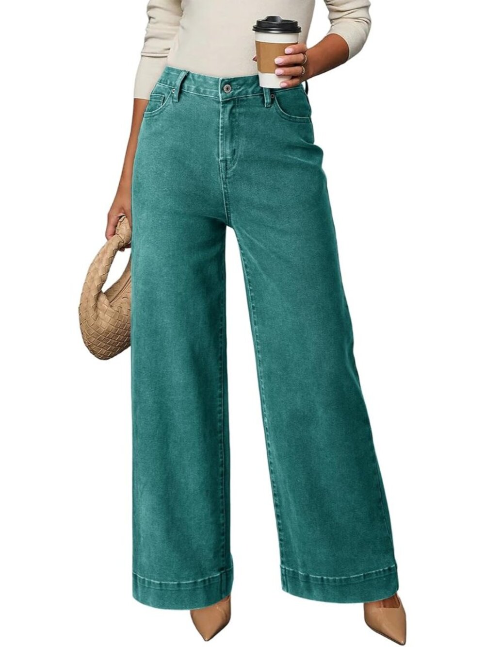 Women's Turquois High Waisted Jeans Stretch Wide Leg Loose Denim Baggy Pant Jean